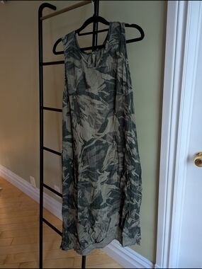 XCVI Linen Sleeveless Botanical Camouflage-Print Maxi Dress in Olive and Beige